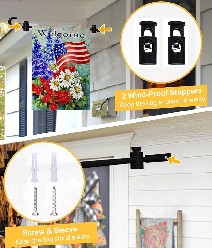 Koutemie Wall Garden Flag Stand Holder Pole — Metal Garden Flag Scroll Hanger with 2 Stoppers for 12 x 18 Outside Mailbox Post Décor, Black, 2 Pack