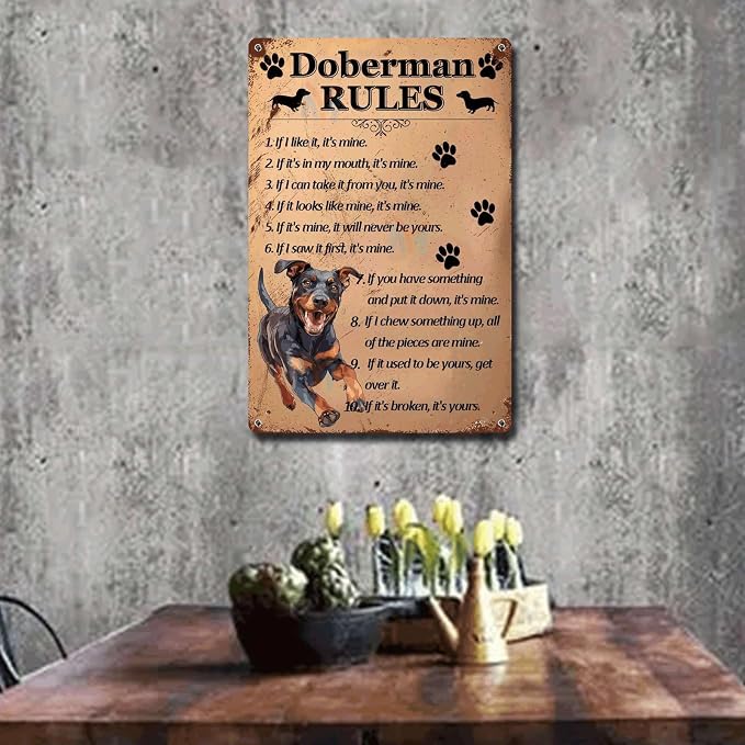 Metal Sign Tin Sign Vintage Wall Art Doberman Rules Metal Signs Vintage for Restaurant 12×16 Inches