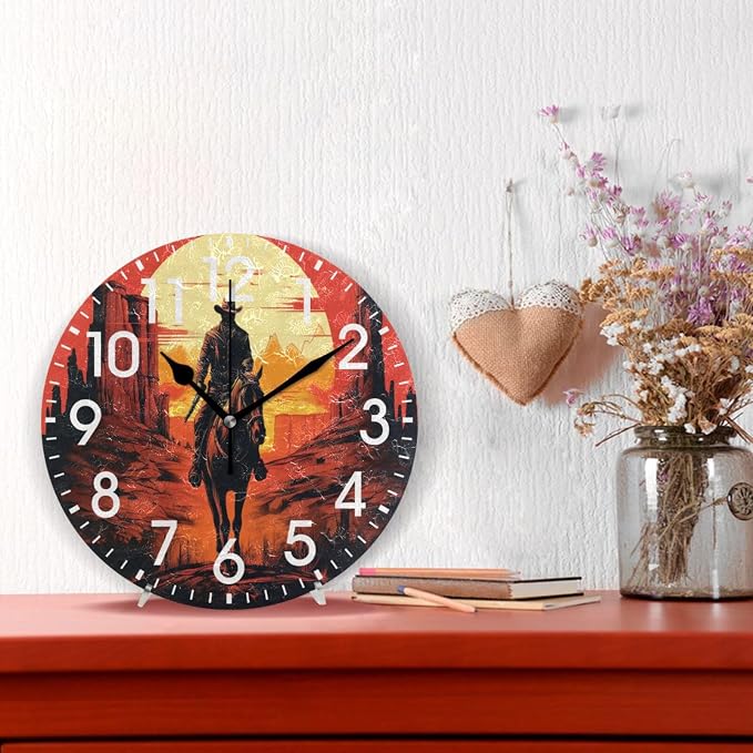 ALAZA Home Decor American Sunset Cowboy Round Acrylic 9.84 Inch Wall Clock Non Ticking Silent Clock Art for Living Room Kitchen Bedroom
