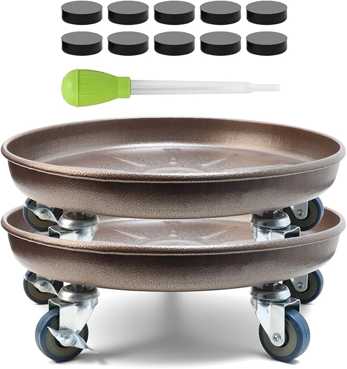 2 Pack 17 Inch Metal Plant Caddy With Lockable Wheels,Plant Stand Dolly for Heavy Planter,Wheeled Planter Saucer Tray,Rolling Plant Stand,Heavy-Duty Plant Caddy for Indoor and Outdoor(Copper)