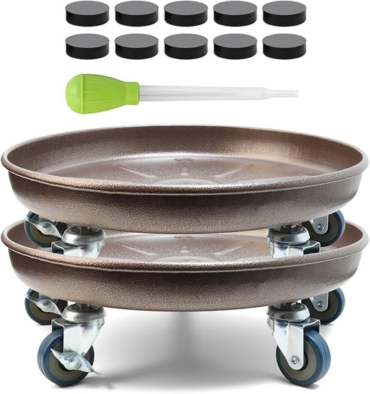 2 Pack 17 Inch Metal Plant Caddy With Lockable Wheels,Plant Stand Dolly for Heavy Planter,Wheeled Planter Saucer Tray,Rolling Plant Stand,Heavy-Duty Plant Caddy for Indoor and Outdoor(Copper)