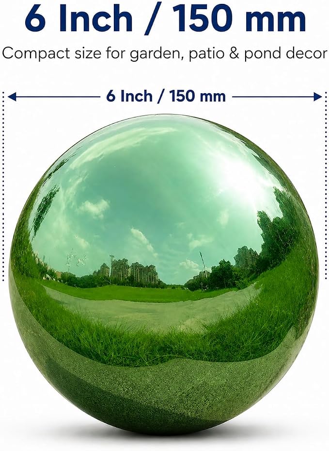 Gazing Ball Garden Mirror Outdoor - 6 Inch Outside Decorative Globe, Green | Metal Polished Reflective Sphere, Stainless Steel Hollow Decoration Ornament for Home Pond Swimming Pool Housewarming Gift