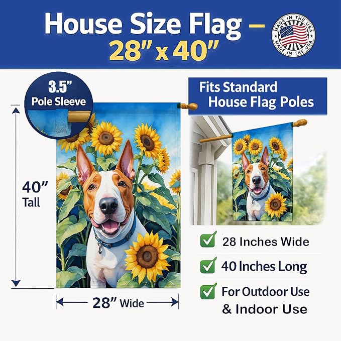 Caroline's Treasures DAC6070CHF English Bull Terrier in Sunflowers House Flag Large Porch Sleeve Pole Decorative Outside Yard Banner Artwork Wall Hanging, Polyester, House Size, Multicolor