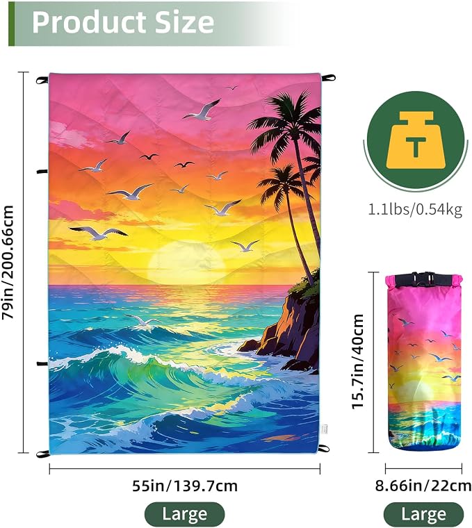 Outdoor Puffy Camping Blanket, Packable Outdoor Blanket Waterproof Down Alternative for Camping, Hiking, Backpacking, Traveling, Picnic, Beach, Lawn, Stadium (Sea, 55 * 79'')
