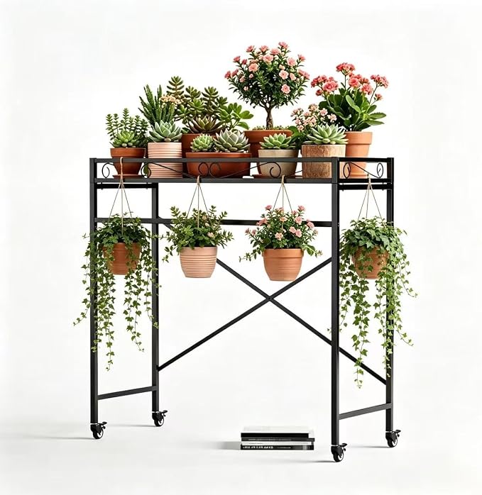 Zhongma 1 Tier Window Height Sturdy Metal Plant Stand with Wheels, 40.5x16x40.4 in High, Heavy Duty Succulent Shelf for Home Indoor and Outdoor, 220 LBS Capacity & Heavy Duty Construction