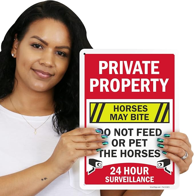 SmartSign 14 x 10 inch “Private Property - Horses May Bite, Do Not Feed Or Pet The Horses, 24 Hour Surveillance” Metal Sign, 40 mil Laminated Rustproof Aluminum, Multicolor, Made in USA