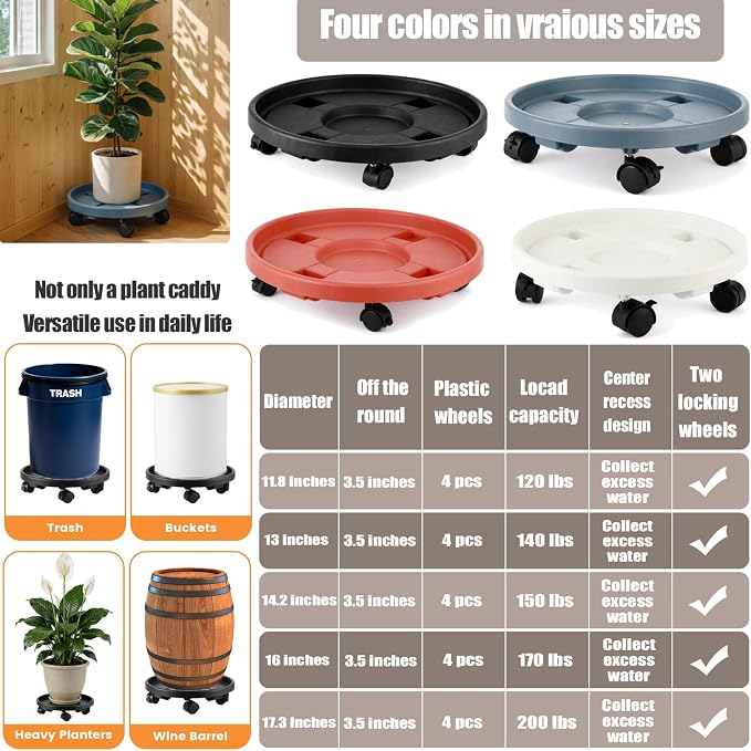 5-pack 14.2" Large Plant Caddy with Wheels Plastic Plant Dolly with Locking Caster Flower Pot Mover Rollers Wheeled Rolling Plant Stands Round Plant Saucer on Wheels Indoor Outdoor Base Coasters Gray