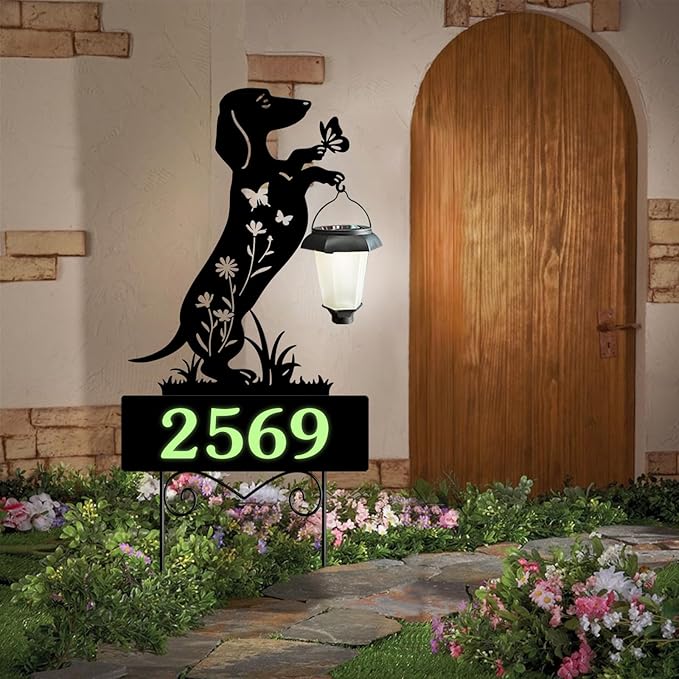 Solar House Numbers for Outside,Metal Dachshund Dog Address Signs for Houses with Glow in the Dark,Outdoor Decorative for Garden,Lawn,Patio,Path