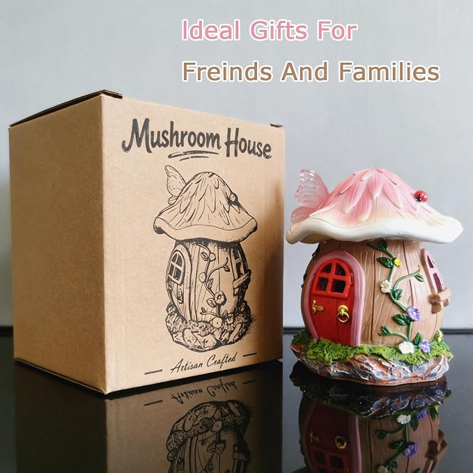 Mushroom Fairy Garden House Statue Outdoor Figurine with Solar Light,Garden Fairy House Decor,Fairy Cottage Ornaments,for Patio Yard Balcony Decoration,Gifts for Mom & Women
