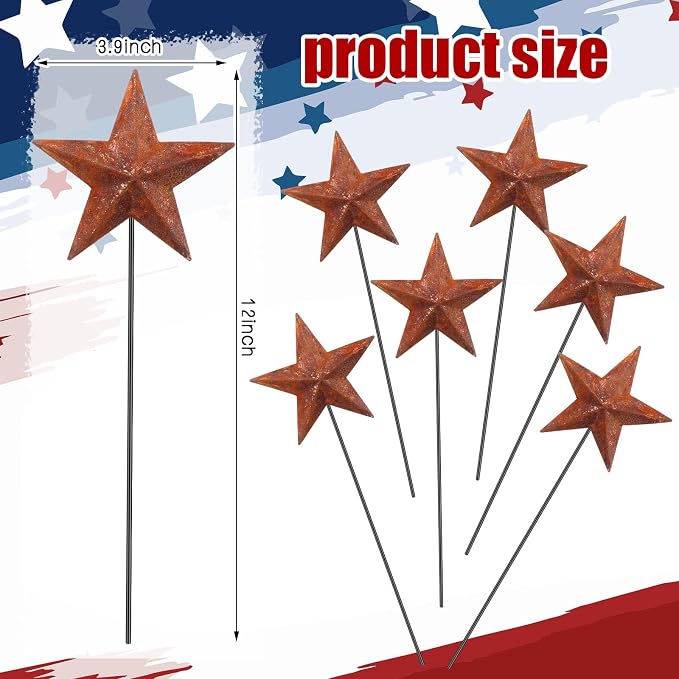 Pickmesh 6 Pcs 12" H Rusty 4th of July Outdoor Decor Patriotic Yard Decor Metal Yard Sign Antique Primitives Star Garden Stake 250th Anniversary Rustic American Sign for Outdoor Independence Day
