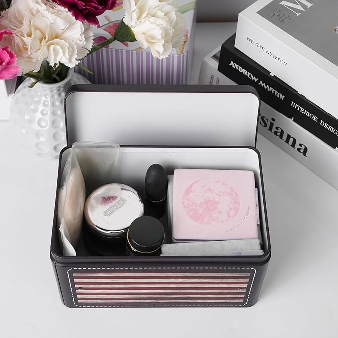 DreamsEden Tin Metal Keepsake Boxes, Vintage American Flag Decorative Storage Box with Lid for Keepsakes Memory Seed Tea Container, Set of 2