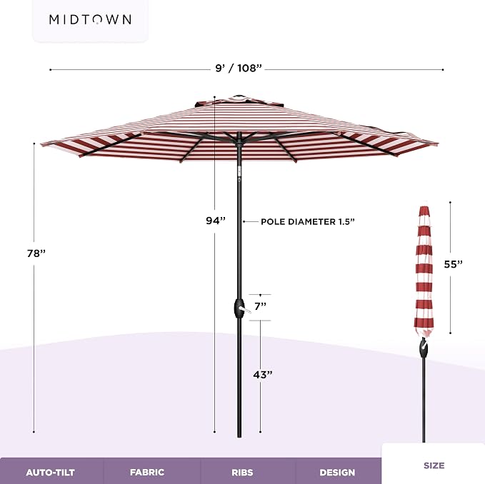 MIDTOWN UMBRELLAS The Lean 9 Feet Outdoor Umbrella With Terylast Red Stripes (Red/White Stripes) Polyester Fabric - 8 Ribs Aluminum Frame Patio Umbrella With Zinc Alloy Crank Lift And Auto-Tilt System