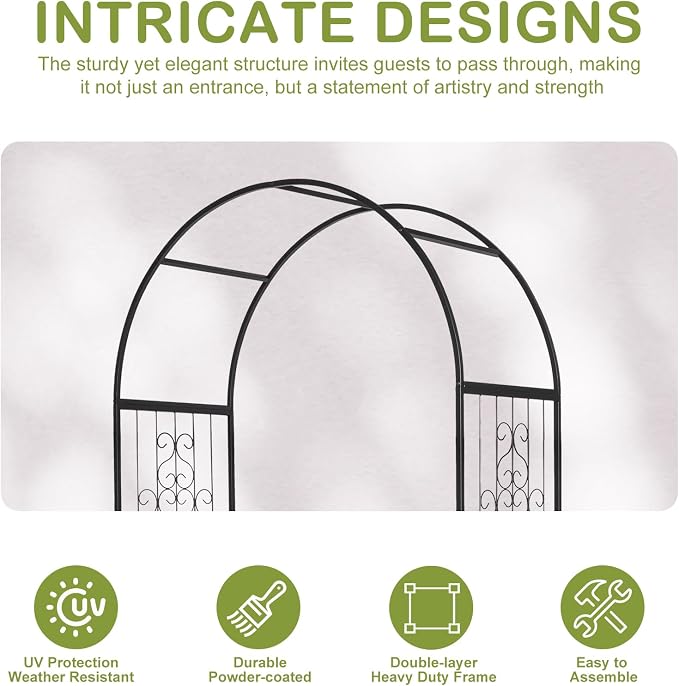 Outvita 7FT Garden Arch Arbor with Entry Door and Plant Frame, Heavy Duty Metal Arbour Archway, Decorative Frame Stand Trellis with Ground Stakes for Wedding Ceremony Party Plant Patio Black