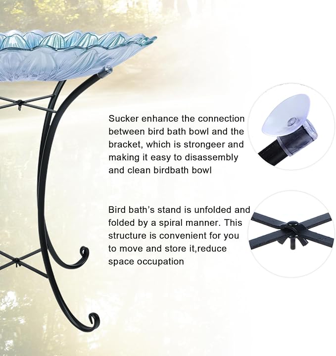 MUMTOP Outdoor Glass Birdbath with Metal Stand for Outside Yard Garden Decor, 18 inch Diameter Blue Bird Baths Bowl for Outdoors, 21 inch Height