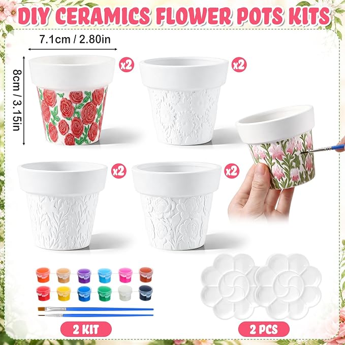 Zubebe 8 Pcs Paint Your Own Ceramic Pots Bulk Unfinished Succulent Pots Craft Kit with Drainage Hole Mini Paintable Plant Vase Ready to Paint Planter for Cactus DIY Craft (Elegant Flowers Tapered)