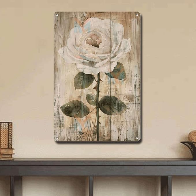 Metal Sign Tin Sign Vintage Wall Art Antique Rose Wall Art Tin Sign for Vintage Aesthetics Distressed Wood Surfaces and Rustic Eleganc Boho Decorations for Home for Club 8×12 Inches