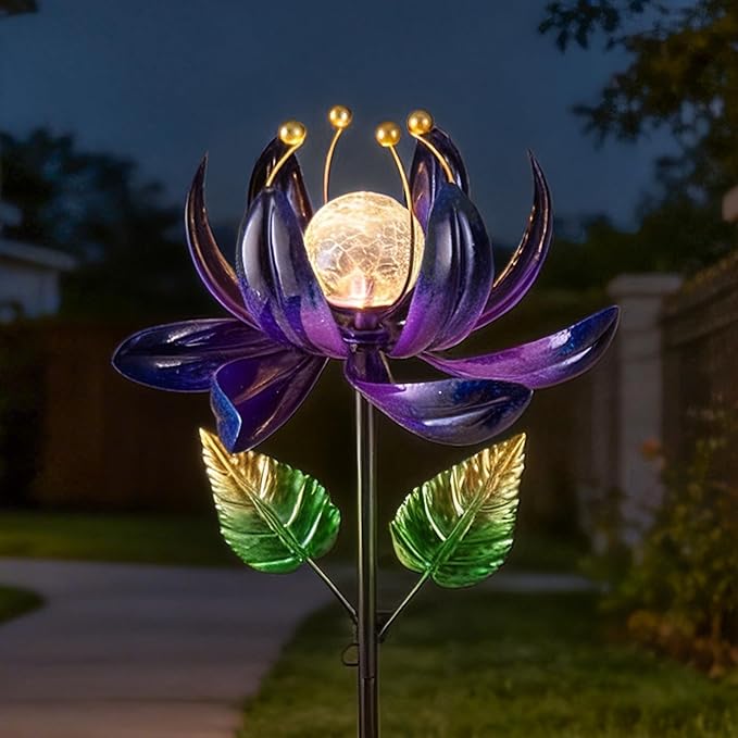 AIINY Solar Purple Metal Flower Wind Spinners, Colorful Spinning Windmill Lotus Yard Art Lights with LED Crystal Ball Decorative Stake Lighting Flower Sculpture
