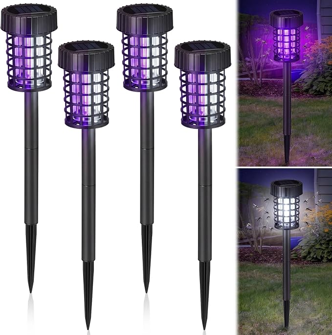 Qualirey 4 Pack Solar Bug Zapper Outdoor Waterproof Mosquito Repellent Killer Bug Zapper Lamp with LED Light for Outdoor Garden Patio Yard (Purple and White Light,Black)