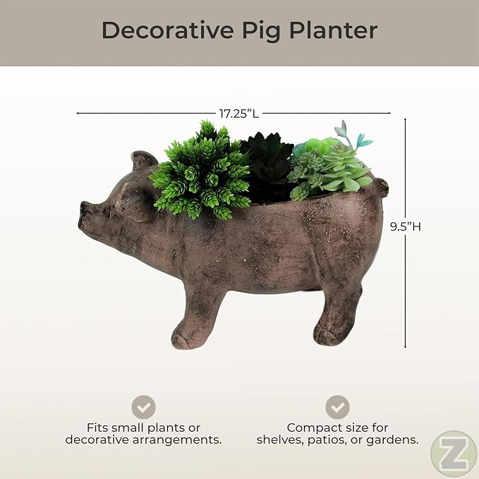 Zeckos Rustic Brown Smiling Pig Resin Decorative Planter - 17 Inches Long - Great for Flowers and Succulents - Perfect for Both Indoor and Outdoor Decor Settings