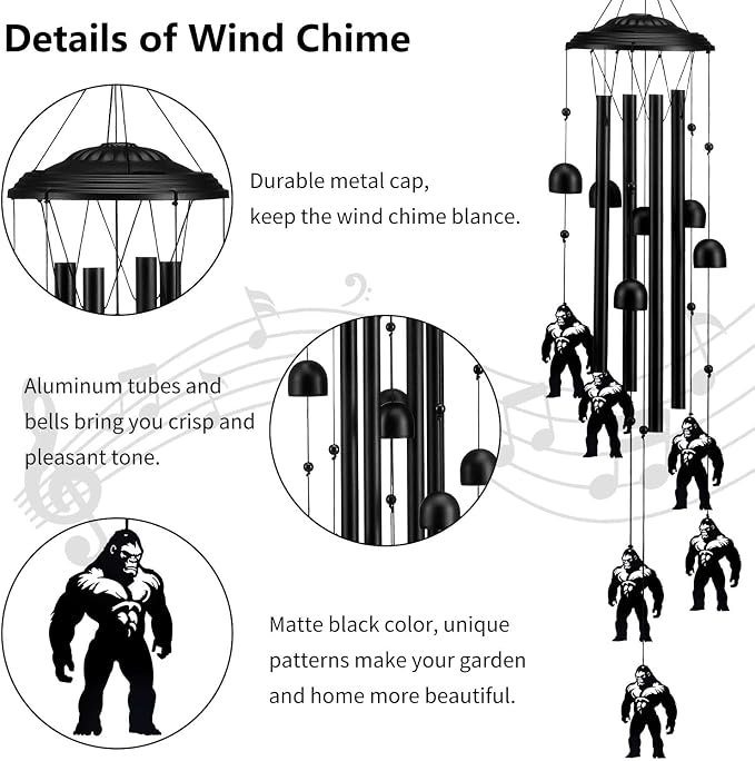 Bigfoot Wind Chimes for Outside/Indoors, Bigfoot Gifts for Women Mom Grandma, Aluminum Tubes Windchimes S Hook, 37" Wind Chime Hanging Decor for Home Patio Garden Porch Yard (Black-Bigfoot)