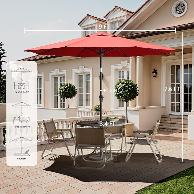Outdoor Patio Umbrella with One Push Button Tilt and Crank, 8 Sturdy Ribs Market Table Umbrella