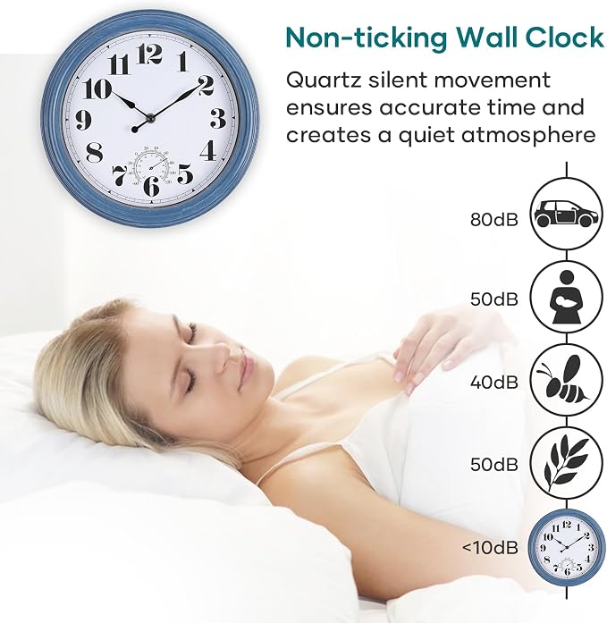 Outdoor Clock Waterproof 12 Inch Outdoor Clocks with Thermometer Combo Wall Clock Battery Operated Non-Ticking for Patio Pool Garden (Blue, 12Inch)
