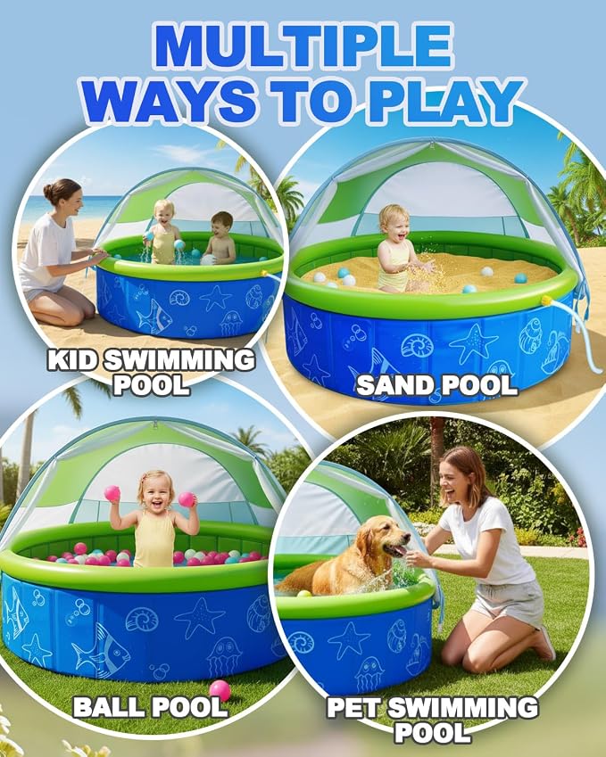 2026 Updated Foldable Kiddie Pool with Canopy and 20 Ocean Balls: 47in for Baby Toddler Kids- Summer Water Play Pool with Sprinkler and Shade - Portable for Outdoor Backyard Beach