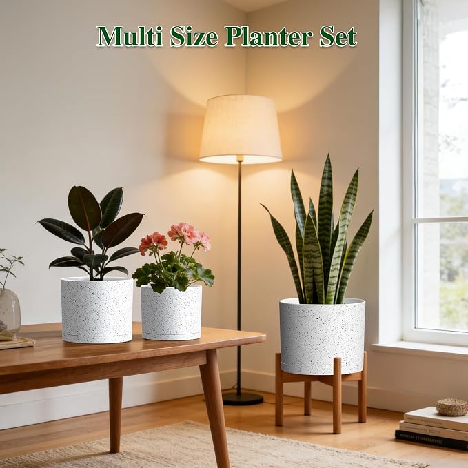 Plant Pots, 10/9/8 Inch 3 Pack Cylindrical Flower Pots with Drainage Holes and Saucers, Plastic Planters for Outdoor Indoor Plants,White with Black Speckles