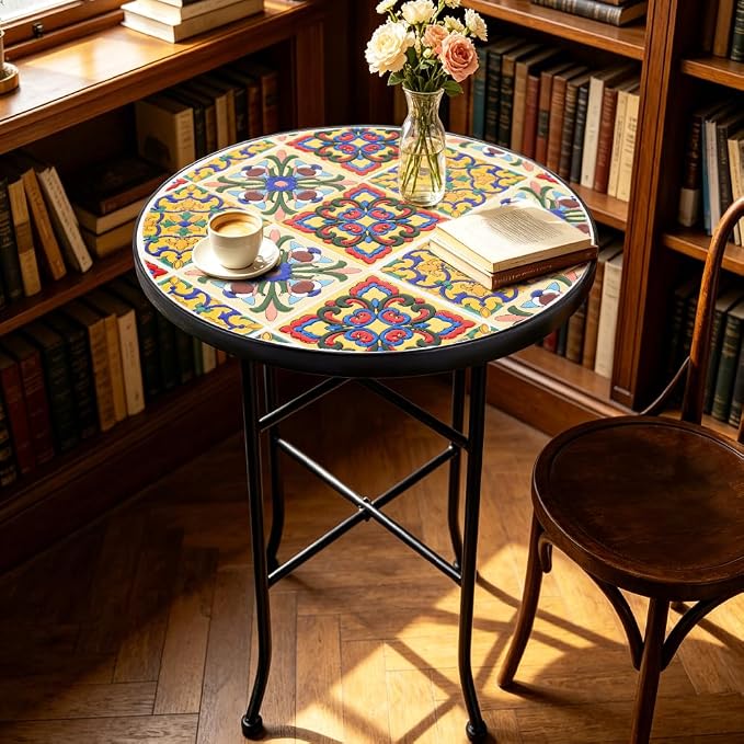 Mosaic Outdoor Side Table Small Round Patio Table Plant Stand | 21" Accent End Table with 14" Ceramic Tile Top for Small Spaces Porch Pool Garden Decor Indoor Living Room Bedroom Balcony