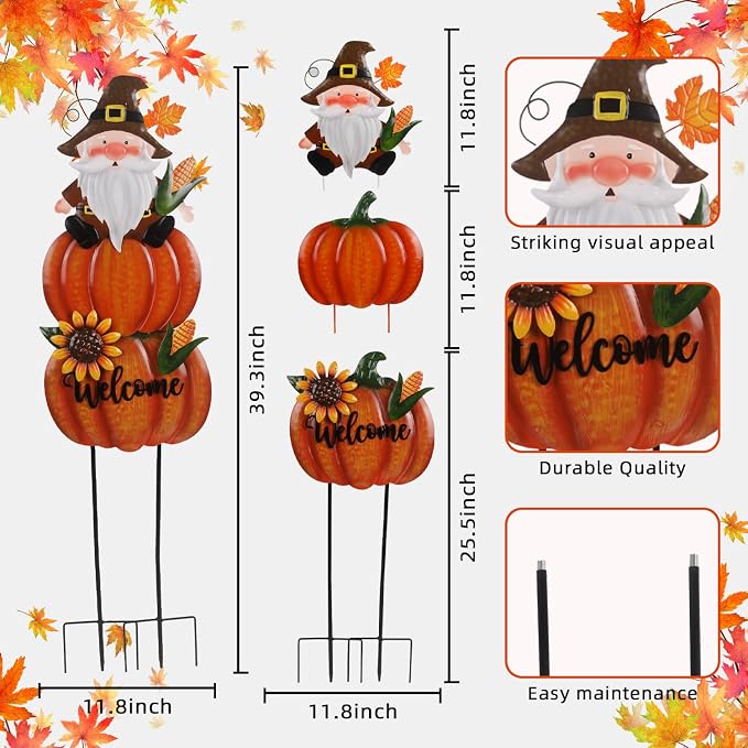 Fall Gnome Yard Stakes Large 39.3inch for Thanksgiving Decor | Metal Pumpkins for Outdoors Garden Patio Autumn Harvest Outdoor Decor