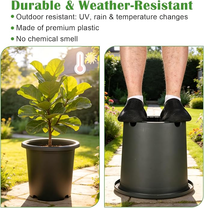16 inch Deep Large Planters for Outdoor Plants, 4-Pack Plastic Plant Pots with Drainage Holes for Indoor Outdoor Gardening, Heavy Duty Garden Planter Flower Pots, (16" Top Dia × 15" Tall), Dark Gray