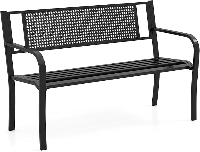 Tangkula Metal Patio Park Bench, 50 Inches Outdoor Garden Bench with Patterned Backrest and Curved Armrests, 2-3-Person Patio Bench, Outdoor Metal Loveseat Chair for Porch, Lawn, Park