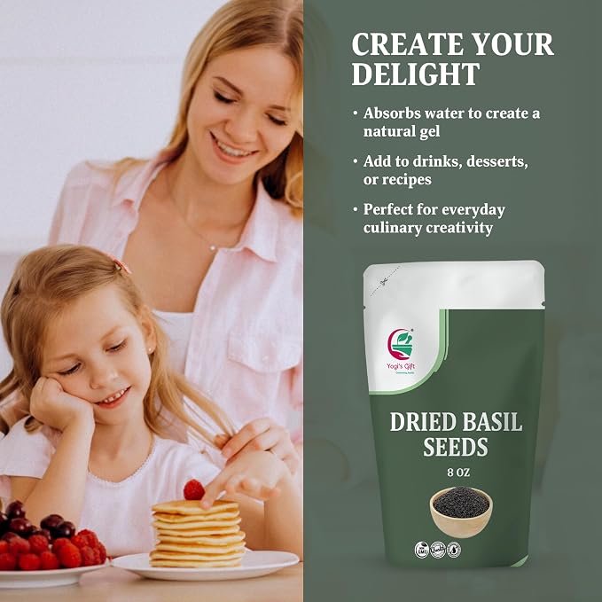 Dried Basil Seeds 8 oz – Sabja/Tukmaria Basil Seeds For Eating – Sweet Basil Seeds for Drinks, Desserts & Daily Use – By Yogi’s Gift®