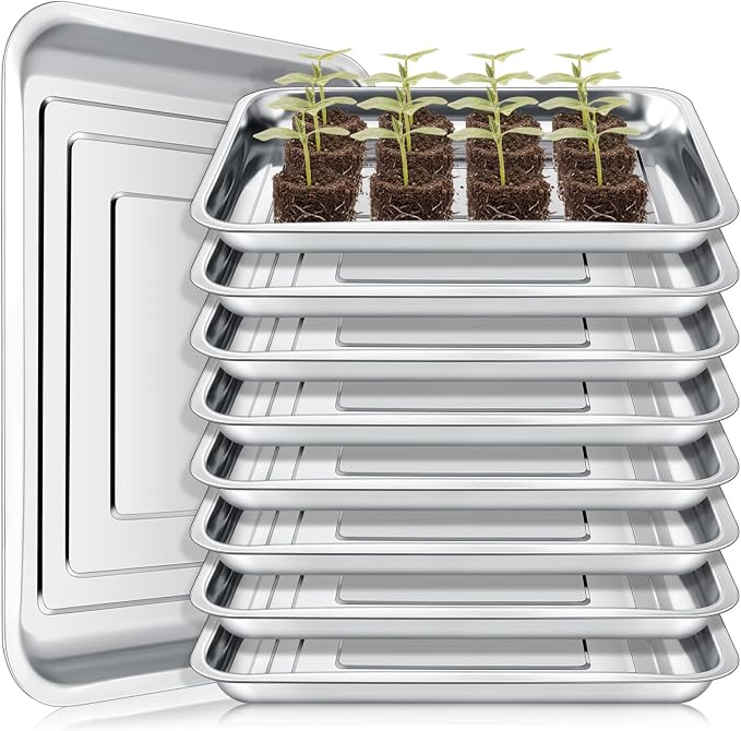 FillTouch 10 Pcs Stainless Steel Seed Starter Tray, Stainless Metal Garden Trays, Nursery Seedling Pots for Collection Transplantation & Propagation Flats, No Drain Holes(10.6 x 7.9 x 1.4 Inch)