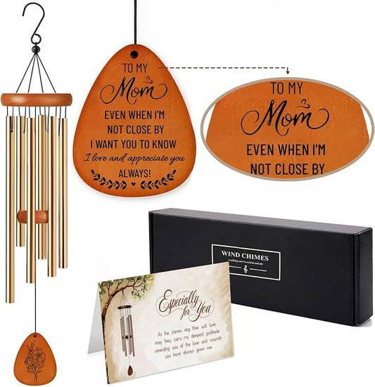 Mom Wind Chime - Long Distance, Mothers Day Wind Chime for Mom Birthday Gifts from Daughter, Son - I Love You Mom Gifts - Home, Patio, Garden Decor - Wooden Large Wind Chimes for Outside 28 Inches