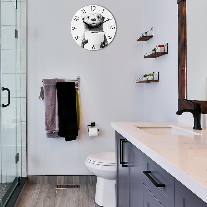 Crosstime 12 Inch Waterproof Silent Wall Clock for Bathroom – Non-Ticking Tempered Glass with Marble Finish, Funny Otter Holding Toilet Paper, Battery Operated Shower Outdoor Pool Sauna Decor