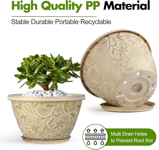Nooulap 8 Inch Plant Pot with Drainage Hole, 4 Pack Plastic Flower Pot for Indoor Outdoor Plants, Decorative Small Planter for Desk, Balcony & Garden (Beige)