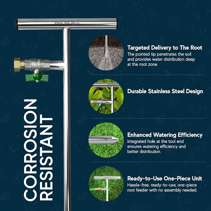Varomorus Stainless Steel Deep Root Tree Watering Tool Irrigation System Wand T-Handle with Valve
