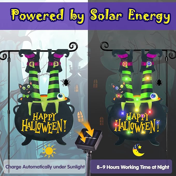 Halloween Lighted Garden Flag for Outside, Led Solar Yard Flag 8 Modes Witch Feet Shape Flag, 28x40 Double Sided Cauldron Eyeball Black Cat Decorations for Home Porch