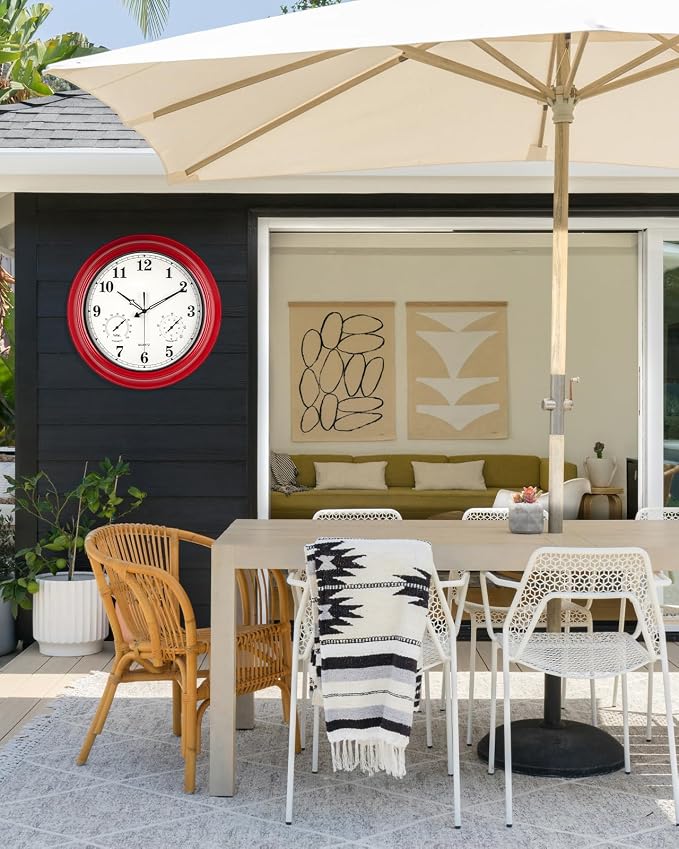 Outdoor Clocks Waterproof, 18 in Large Outdoor Clock for Patio w/Thermometer Combo, Silent Battery Operated Decorative Retro Wall Clock for Living Room/Bathroom/Pool/Indoor, Red