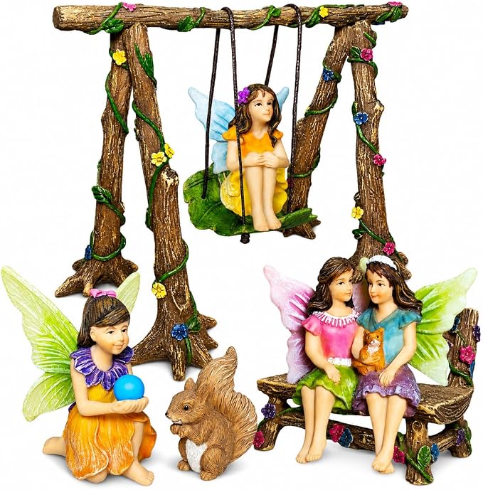 Mood Lab Fairy Garden Figurines with Swing - Miniature Accessories Set (6 pcs) - Outdoor Indoor Garden Decor
