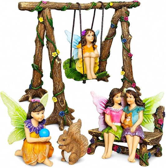 Mood Lab Fairy Garden Figurines with Swing - Miniature Accessories Set (6 pcs) - Outdoor Indoor Garden Decor