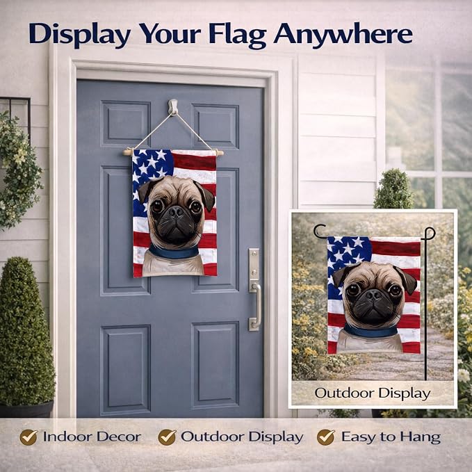 Caroline's Treasures CK6665GF Pug Dog American Flag Garden Flag Mailbox Flag Decorative Yard Flag Banner Outside Patio Artwork Yard Flower Beds, Garden Size, Multicolor