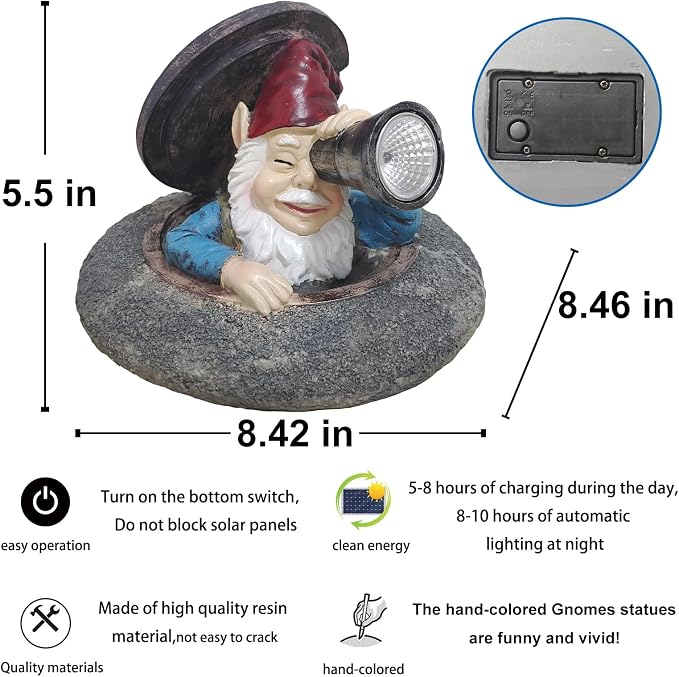 Solar Garden Gnome Outdoor Decor, Funny Gnome Statue Peeking from Manhole Cover, Waterproof Resin Figurine Lights for Yard Lawn Patio, Gift for Women & Garden Lovers