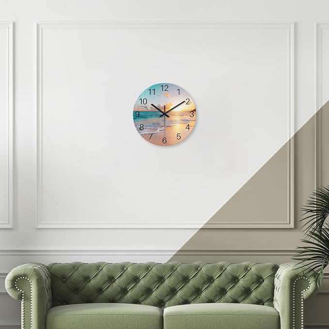 Glass Coastal Wall Clocks Battery Operated 14 Inch | Analog Round Wall Clock for Living Room Office Decor Blue Beach Wall Clock Silent Non Ticking
