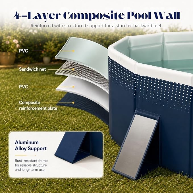 112.59-Inch Foldable Swimming Pool, Blue Non-Inflatable Rectangular Pool for 6-8 People, 4-Layer Composite PVC, Aluminum Alloy Frame, Dual Drains for Backyard Fun