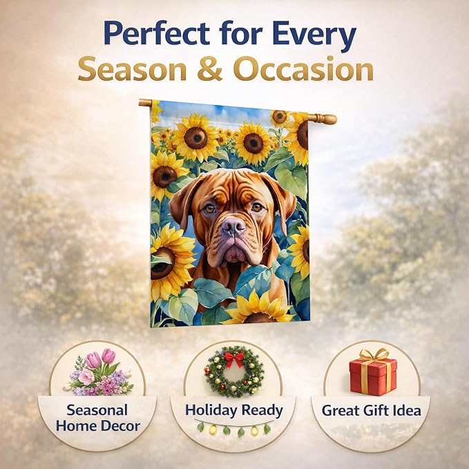 Caroline's Treasures DAC6069CHF Dogue de Bordeaux in Sunflowers House Flag Large Porch Sleeve Pole Decorative Outside Yard Banner Artwork Wall Hanging, Polyester, House Size, Multicolor