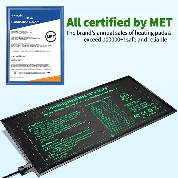 GOLOPET Seedling Heat Mat 1 Pack Dual Certified by MET and UL Plant Heating Mat Pad with Power Failure Protection Thermostatic Waterproof Suitable for Seedlings