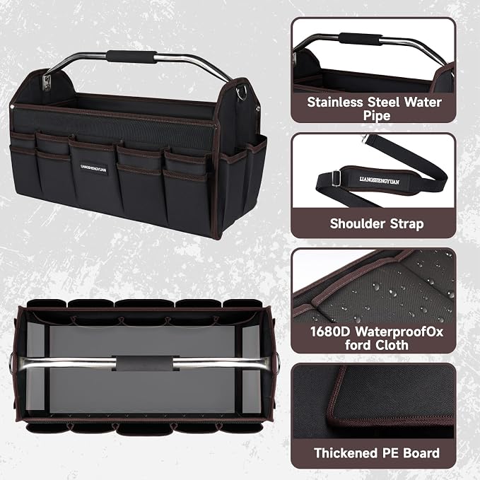 20 In Tool Carrier, Open Top Tool Tote 30 Pockets, Waterproof Tool Bag For Men, Foldable Wide Mouth Electricians Tool Bag, With Stainless Steel Handle and Removable Shoulder Strap