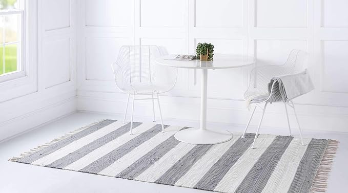 Unique Loom Chindi Rag Collection Area Rug - Striped (5' 1" x 8' Rectangle, Gray/ Ivory)